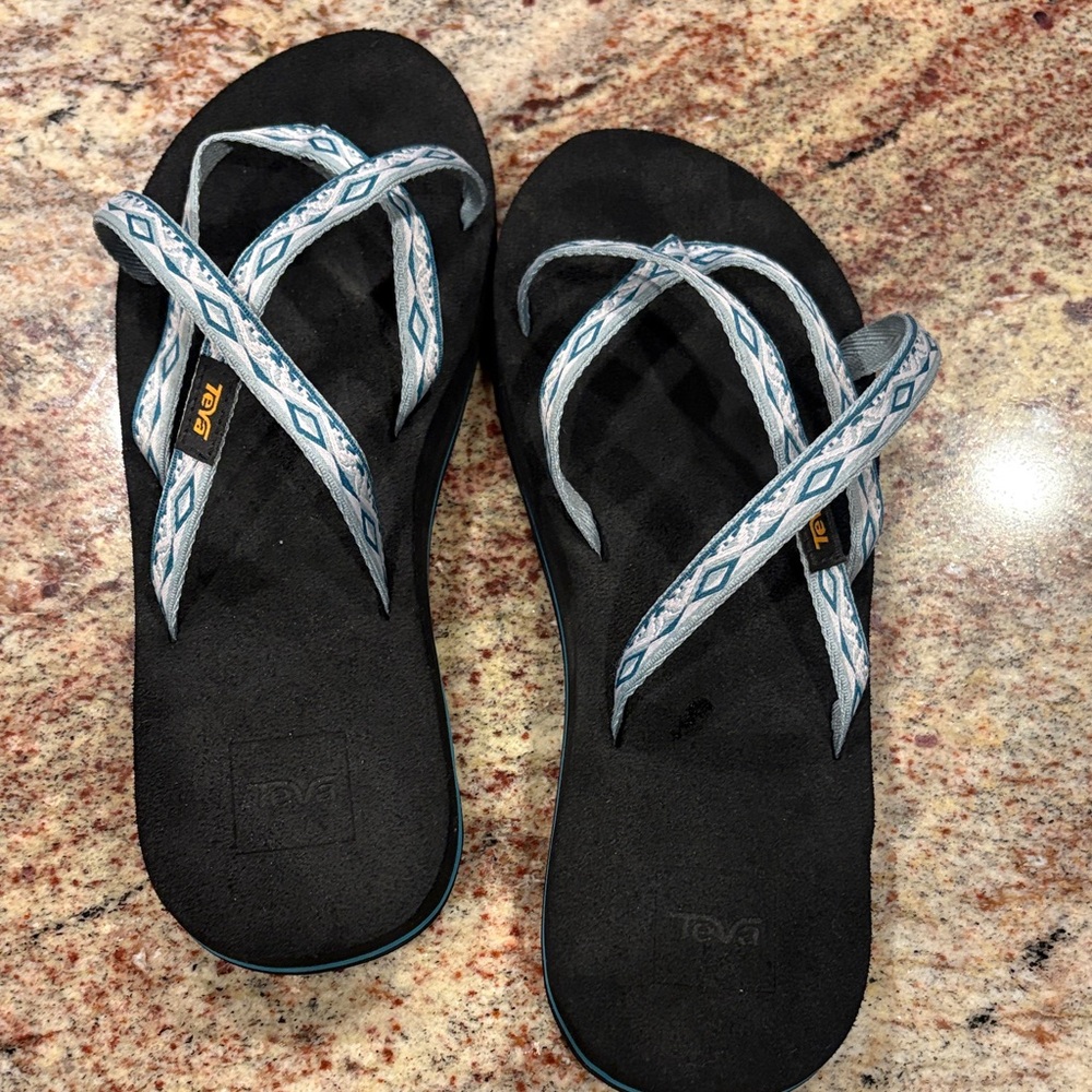 Teva Black Sandals with Blue and Light Gray Patterned Straps